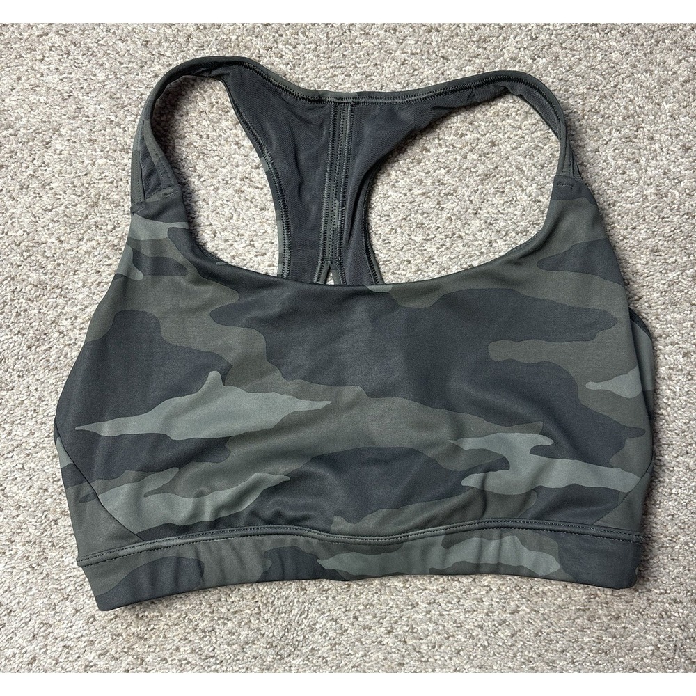 Athleta Contender Printed Bra Black Olive Camo Womens Small Athletic